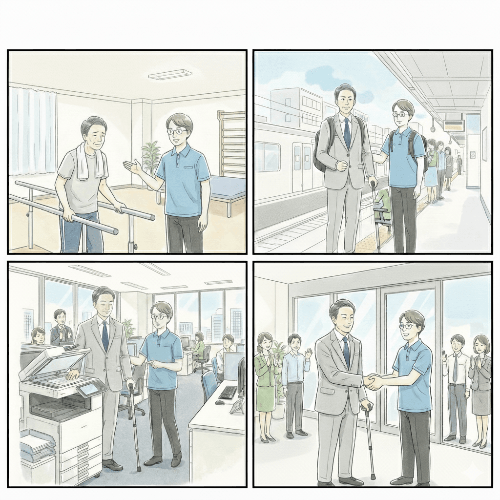 基本動作練習の様子：寝返り、起き上がり、立ち上がり、立位保持の練習