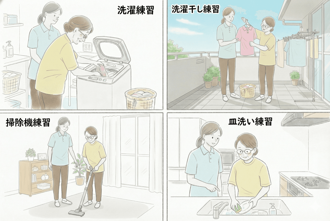 家事動作練習の様子：洗濯、洗濯干し、掃除機、皿洗いの練習