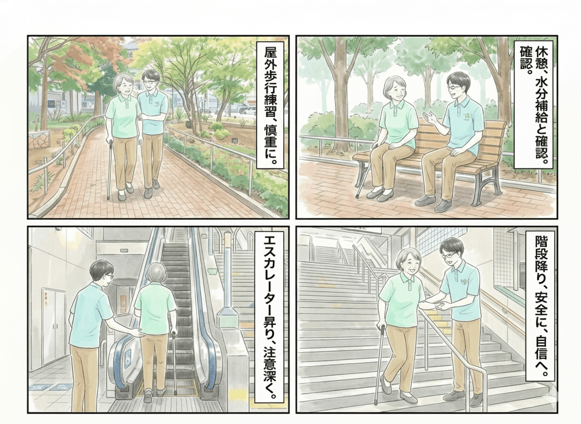 屋外歩行練習の様子：屋外歩行、休憩と水分補給、エスカレーター昇り、階段降りの練習