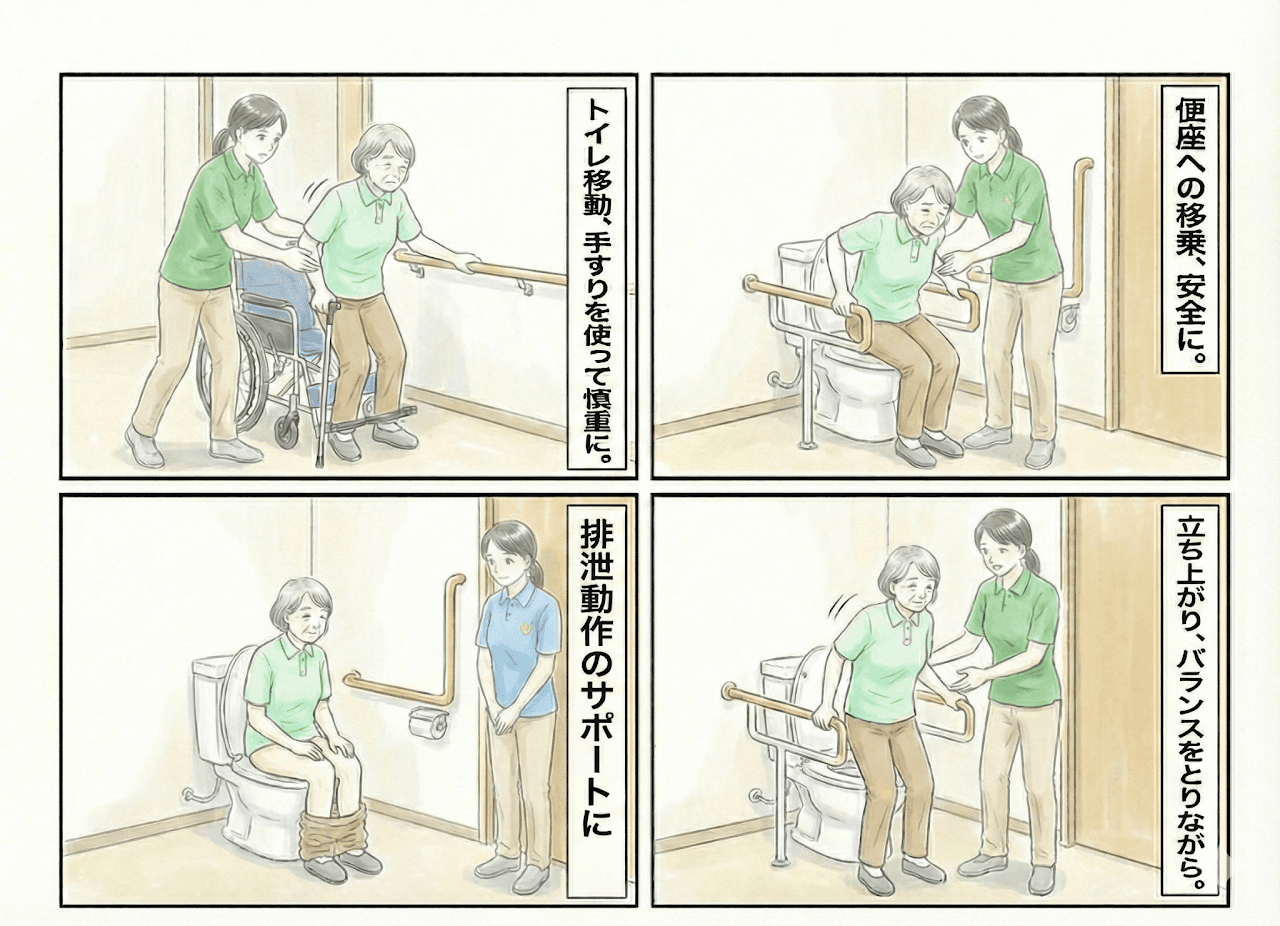 トイレ練習の様子：トイレ移動、便座への移乗、排泄動作のサポート、立ち上がり
