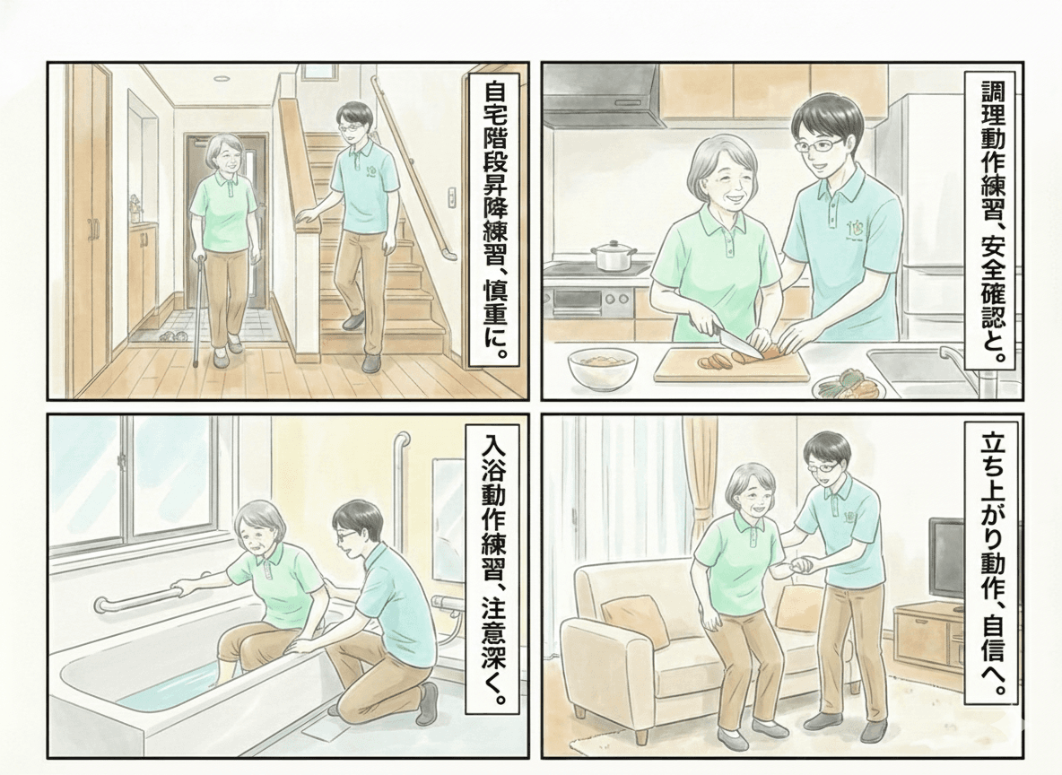 自宅訪問練習の様子：階段昇降、調理動作、入浴動作、立ち上がり動作の練習