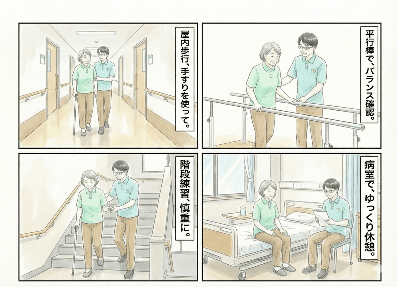 歩行練習の様子：屋内歩行、平行棒でのバランス確認、階段練習、休憩