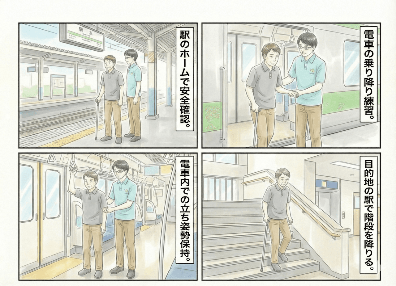 通勤練習の様子：駅のホームでの安全確認、電車の乗り降り、車内での立ち姿勢保持、目的地の駅での階段降下